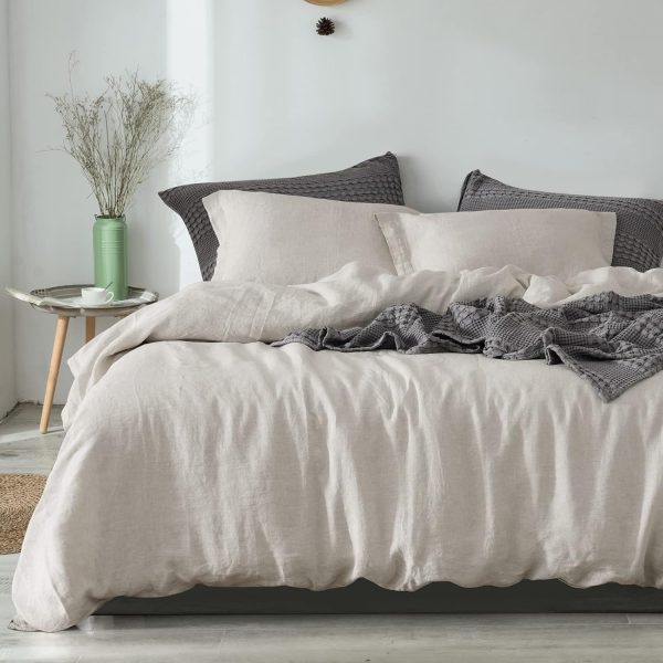 100% French Flax Linen Duvet Cover Set Queen, 3pcs Garment Washed Soft Natural Linen