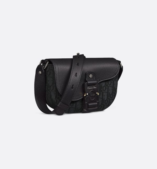 DIOR Mini Saddle Messenger Bag with Flap Black Oblique Jacquard and Black Grained Calfskin - Image 2