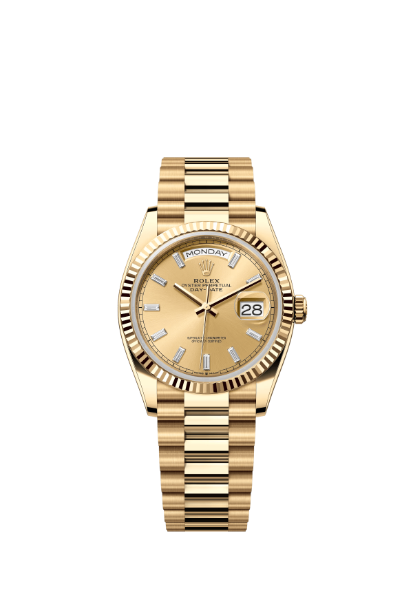 The Oyster Perpetual Day-Date 36 is available in 18 ct yellow gold with a champagne diamond-set dial, fluted bezel and President bracelet. -m128238-0132