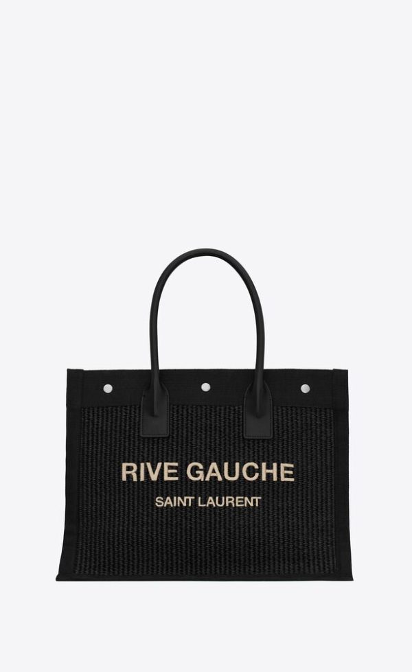 SAINT LAURENT RIVE GAUCHE SMALL TOTE BAG IN RAFFIA AND LEATHER