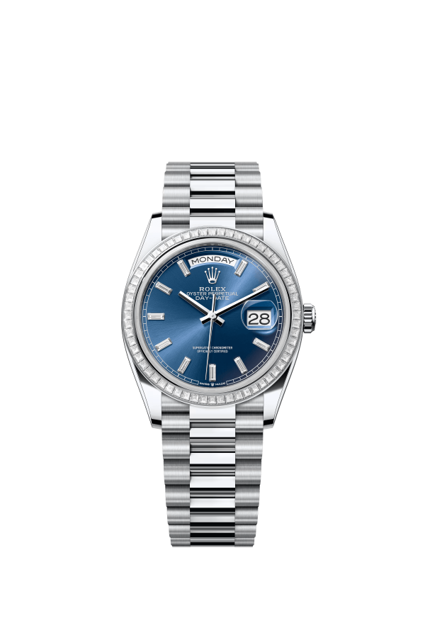 The Oyster Perpetual Day-Date 36 in platinum features a brilliant blue dial set with diamonds, a diamond-set bezel and a President bracelet. -m128396tbr-0024