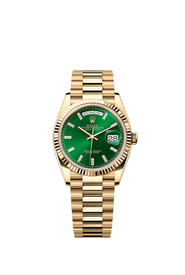 The Oyster Perpetual Day-Date 36 in 18 ct yellow gold with a brilliant green diamond-set dial, fluted bezel and President bracelet. -m128238-0130
