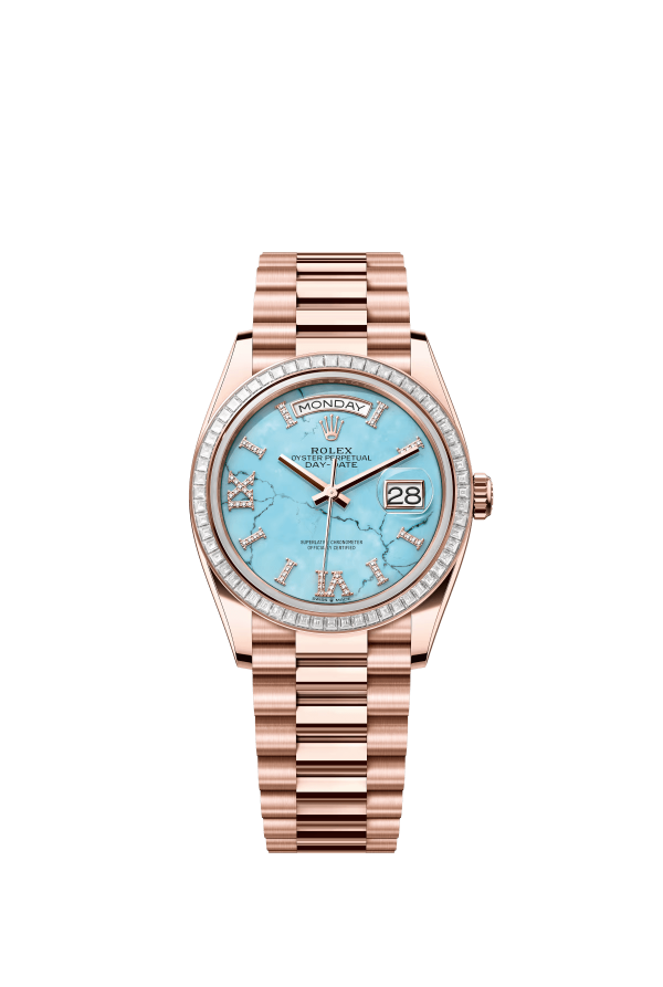 The Oyster Perpetual Day-Date 36 in 18 ct Everose gold with a diamond-set turquoise dial, diamond-set bezel and President bracelet. -m128395tbr-0018