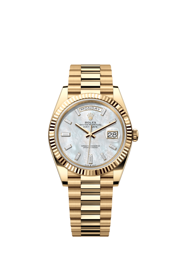 The Oyster Perpetual Day-Date 40 is in 18 ct yellow gold with a diamond-set white mother-of-pearl dial, fluted bezel and President bracelet. -m228238-0071
