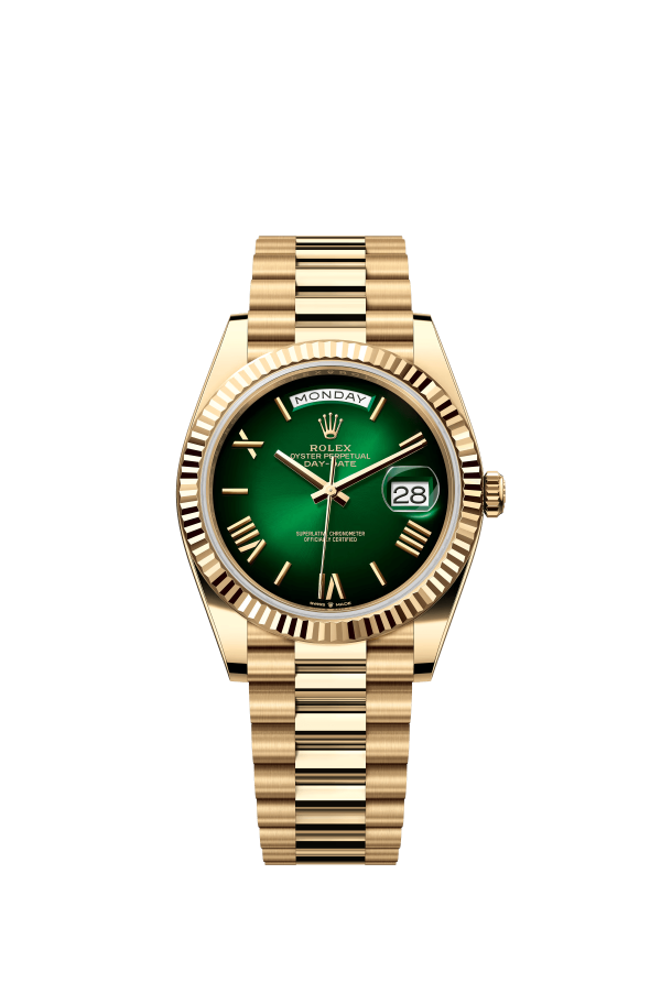 The Oyster Perpetual Day-Date 40 in 18 ct yellow gold with a graduated green dial, fluted bezel and President bracelet. -m228238-0069