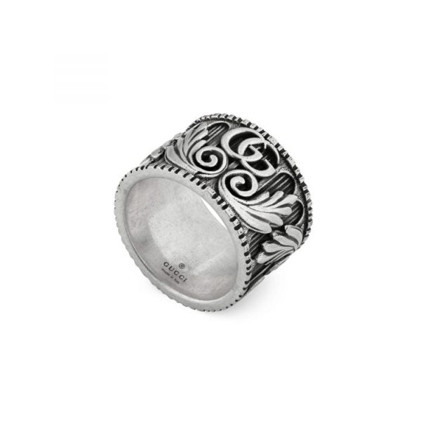 GUCCI DOUBLE G SILVeR RING WITH LEAVES