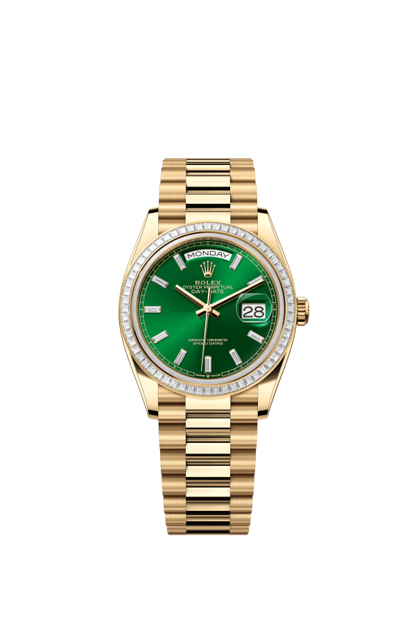 The Oyster Perpetual Day-Date 36 is in 18 ct yellow gold with a brilliant green diamond-set dial, a diamond-set bezel and a President bracelet. -m128398tbr-0035
