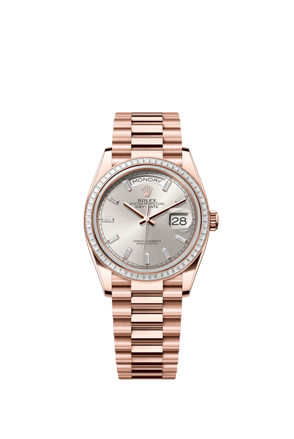The Oyster Perpetual Day-Date 36 in 18 ct Everose gold features a diamond-set silver dial, diamond-set bezel and President bracelet. -m128395tbr-0030