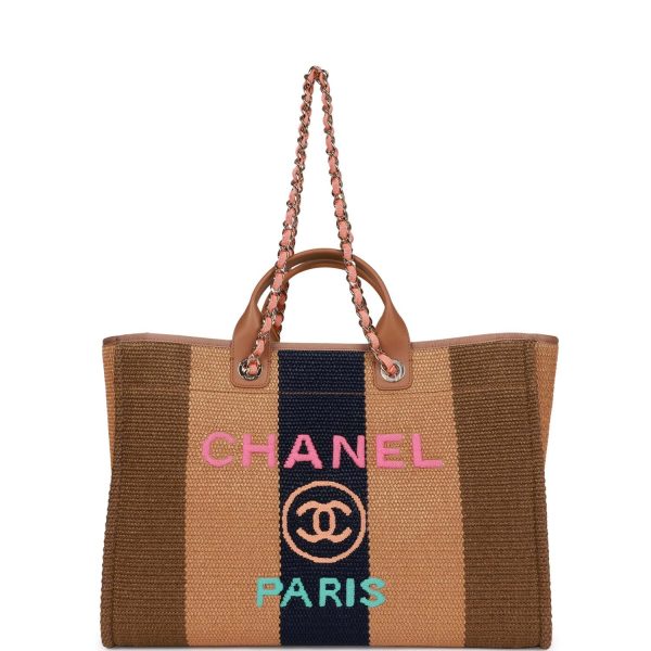 Chanel Large Deauville Shopping Bag Multicolor Viscose Light Gold Hardware