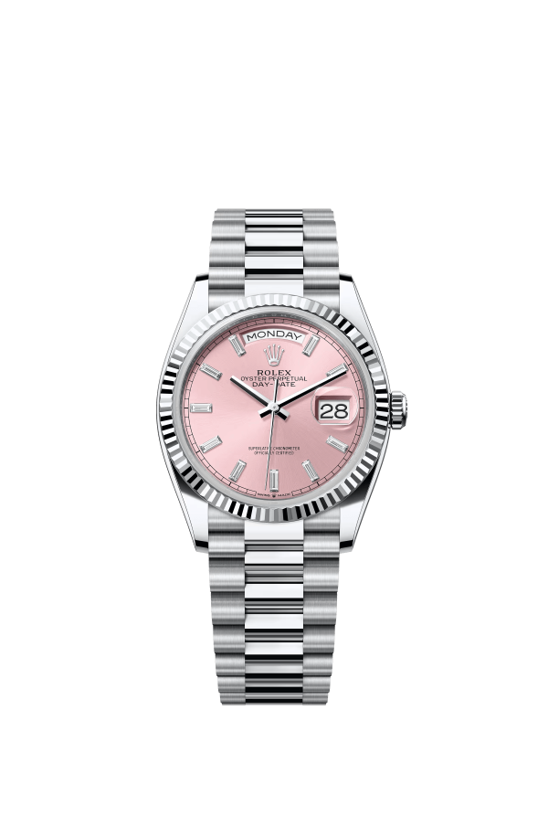 The Oyster Perpetual Day-Date 36 in platinum features a diamond-set pink dial, fluted bezel and a President bracelet. -m128236-0024