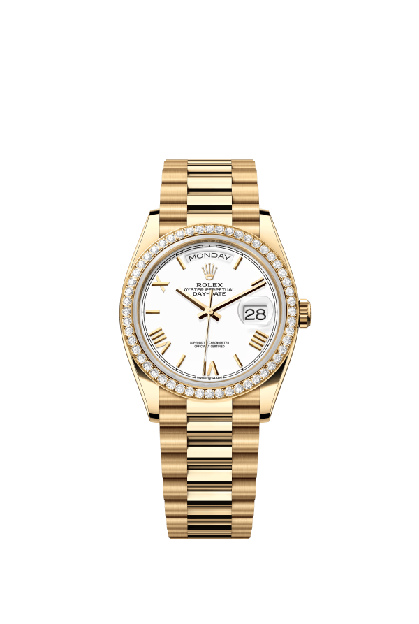 The Oyster Perpetual Day-Date 36 in 18 ct yellow gold with a white dial, diamond-set bezel and President bracelet. -m128348rbr-0064