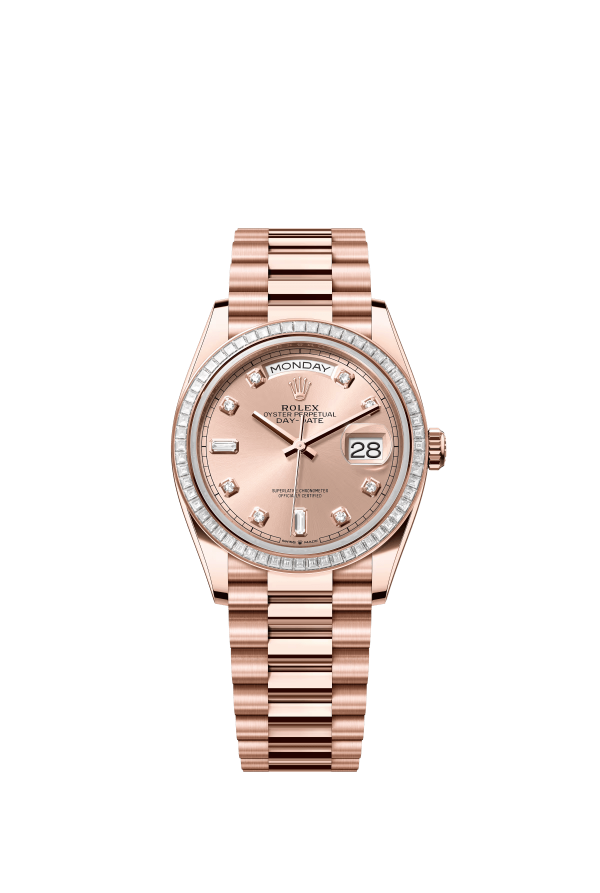 The Oyster Perpetual Day-Date 36 in 18 ct Everose gold with a rose gold-tone diamond-set dial, diamond-set bezel and President bracelet. -m128395tbr-0002