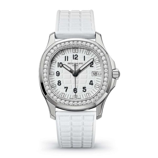 Patek Philippe Aquanaut Luce 35.6 mm | Pearly white polymer rubber strap | Glitter White dial Diamond bezel | Ladies Watch 5067A-024