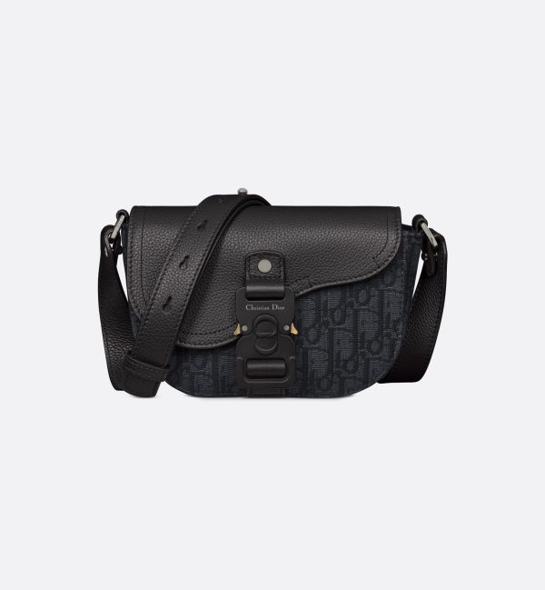 DIOR Mini Saddle Messenger Bag with Flap Black Oblique Jacquard and Black Grained Calfskin