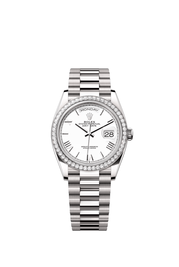 The Oyster Perpetual Day-Date 36 is available in 18 ct white gold with a white dial, diamond-set bezel and President bracelet. -m128349rbr-0043