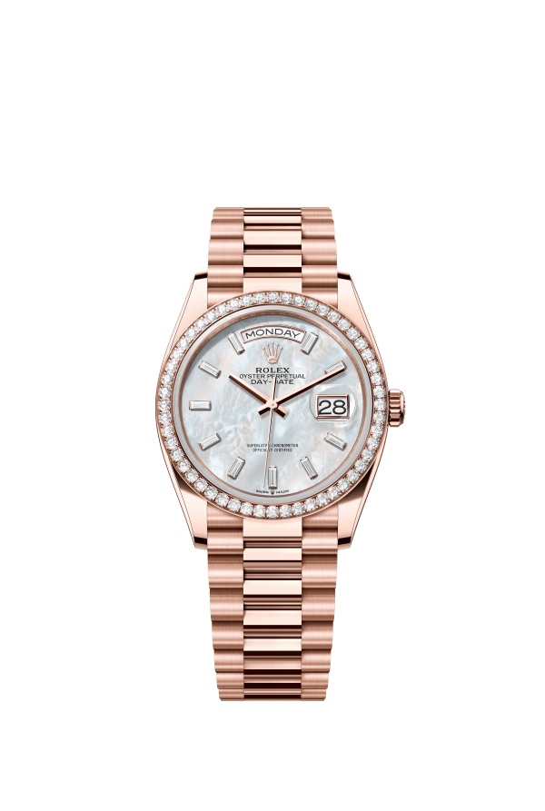 The Oyster Perpetual Day-Date 36 in 18 ct Everose gold features a diamond-set white mother-of-pearl dial, a diamond-set bezel and a President bracelet. -m128345rbr-0077