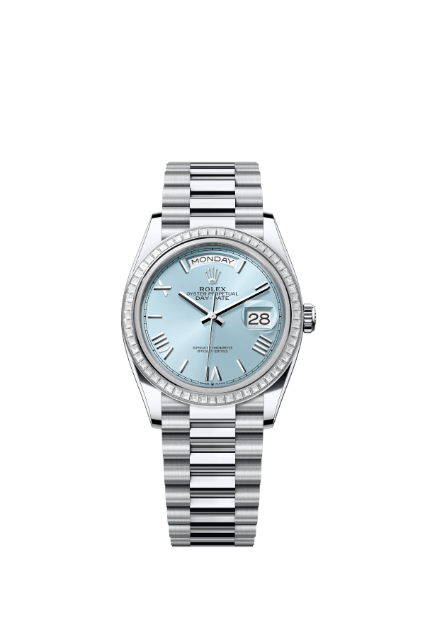 The Oyster Perpetual Day-Date 36 in platinum with an ice-blue dial, diamond-set bezel and President bracelet. -m128396tbr-0019