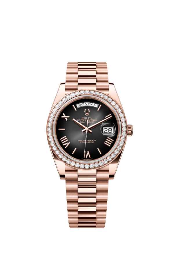 The Oyster Perpetual Day-Date 40 in 18-carat Everose gold features a grey gradient slate dial, a diamond-set bezel and a President bracelet. -m228345rbr-0025