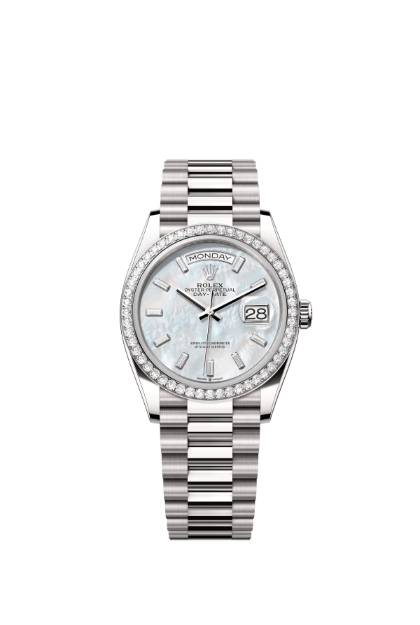 The Oyster Perpetual Day-Date 36 is available in 18 ct white yellow gold with a diamond-set white mother-of-pearl dial, a diamond-set bezel and a President bracelet. -m128349rbr-0049