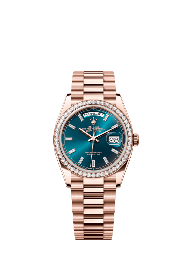 The Oyster Perpetual Day-Date 36 in 18-carat Everose gold with a diamond-set blue dial, diamond-set bezel and President bracelet. -m128345rbr-0083
