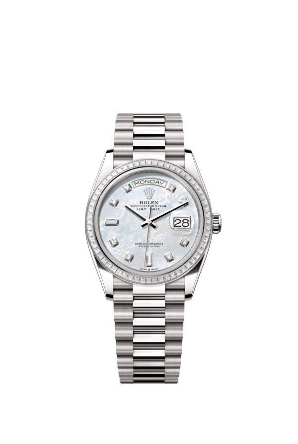 The Oyster Perpetual Day-Date 36 is available in 18 ct white yellow gold with a diamond-set white mother-of-pearl dial, a diamond-set bezel and a President bracelet. -m128399tbr-0003