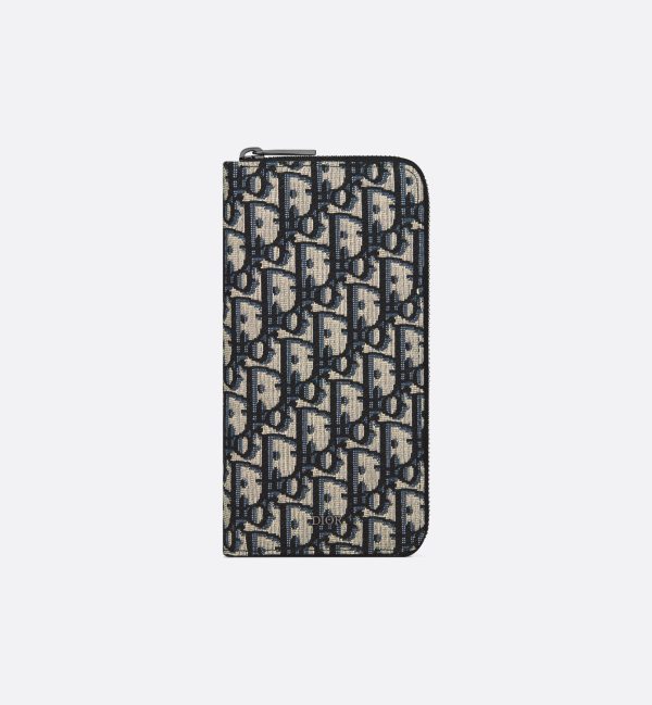 DIOR Vertical Long Zipped Wallet Beige and Black Oblique Jacquard