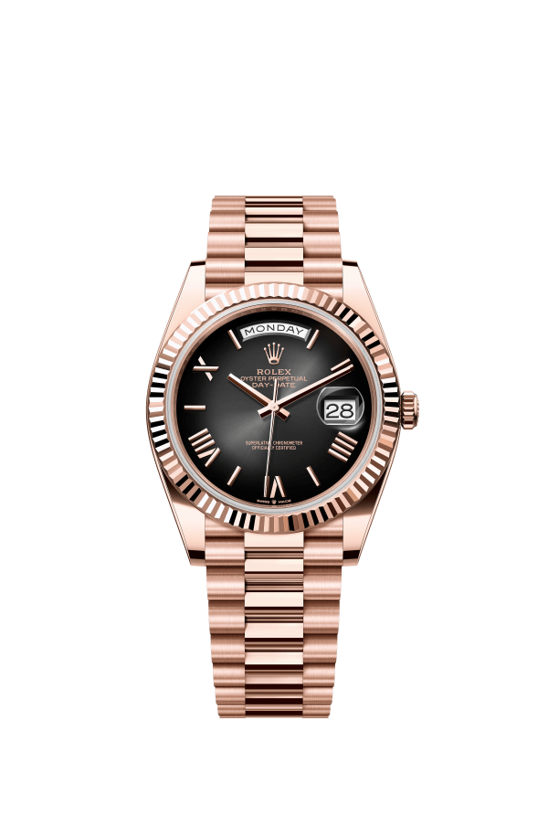 The Oyster Perpetual Day-Date 40 in 18 ct Everose gold with a grey gradient slate dial, fluted bezel and President bracelet. -m228235-0055