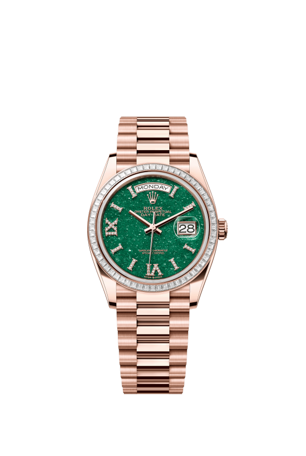 The Oyster Perpetual Day-Date 36 in 18 ct Everose gold features a diamond-set green aventurine dial, a diamond-set bezel and a President bracelet. -m128395tbr-0020