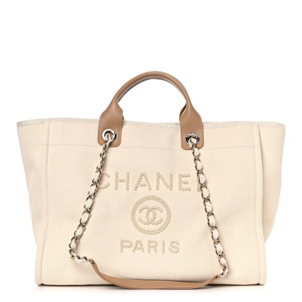 CHANEL Canvas Pearl Large Deauville Tote Ecru Beige