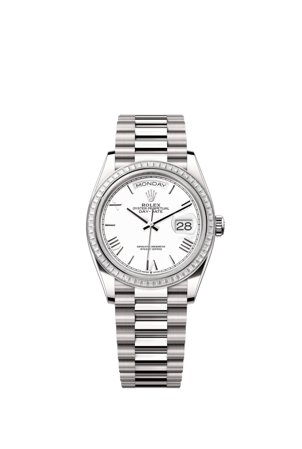 The Oyster Perpetual Day-Date 36 is available in 18 ct white gold with a white dial, diamond-set bezel and President bracelet. -m128399tbr-0019
