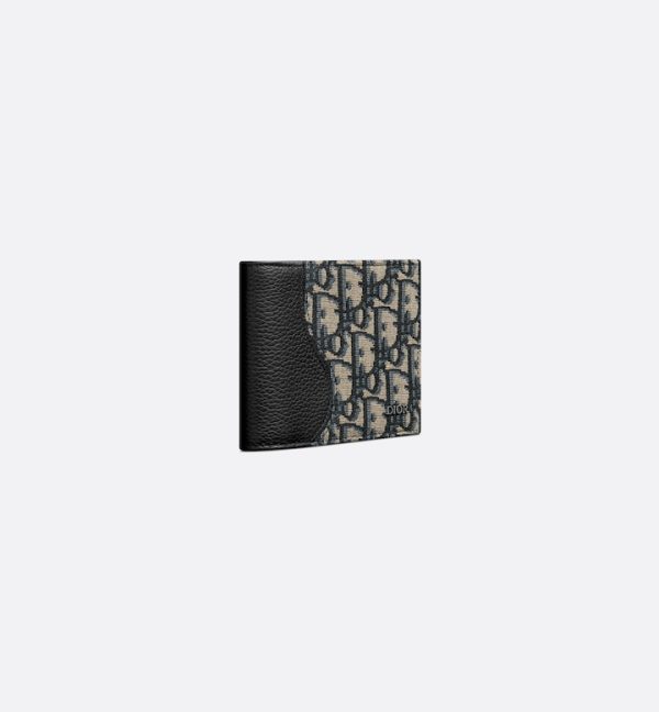 DIOR Saddle Bifold Card Holder Black Grained Calfskin Marquetry with Beige and Black Oblique Jacquard