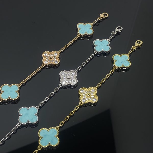 Van Cleef & Arpels CLOVER 5 MOTIF TURQUOISE DIAMOND GOLD BRACELET - Image 4
