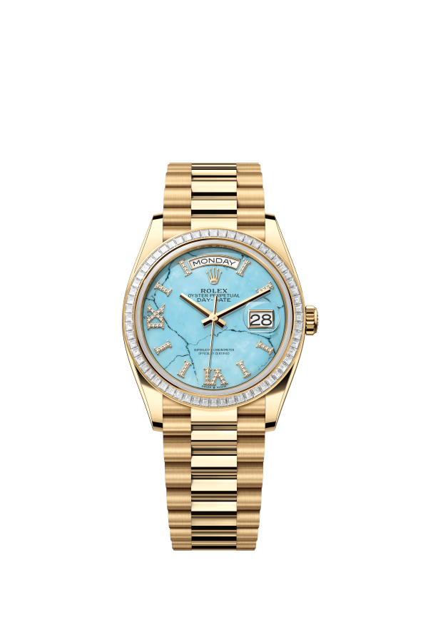 The Oyster Perpetual Day-Date 36 in 18 ct yellow gold with a diamond-set turquoise dial, diamond-set bezel and President bracelet. -m128398tbr-0014