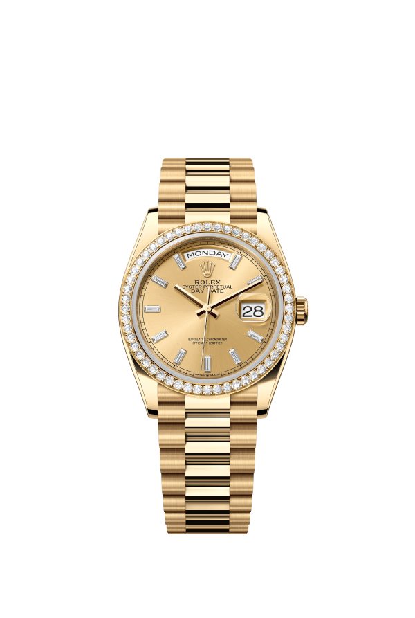The Oyster Perpetual Day-Date 36 in 18 ct yellow gold with a diamond-set champagne dial, diamond-set bezel and President bracelet. -m128348rbr-0080