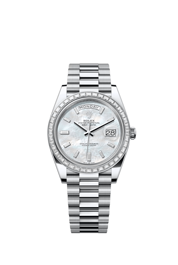 The Oyster Perpetual Day-Date 40 in platinum with a diamond-set white mother-of-pearl dial, diamond-set bezel and President bracelet. -m228396tbr-0043