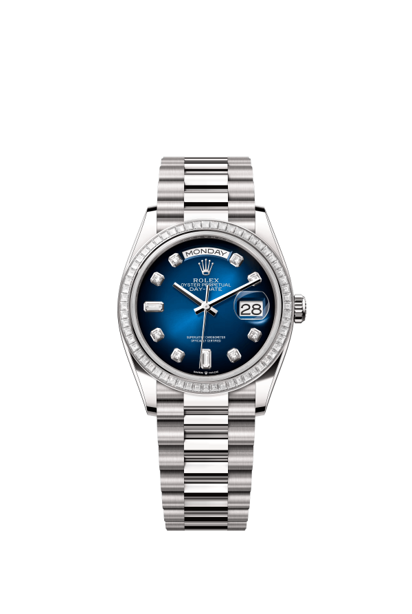 The Oyster Perpetual Day-Date 36 in 18 ct white gold features a graduated blue dial set with diamonds, a diamond-set bezel and a President bracelet. -m128399tbr-0007