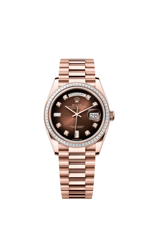The Oyster Perpetual Day-Date 36 in 18 ct Everose gold features a graduated brown diamond-set dial, a diamond-set bezel and a President bracelet. -m128395tbr-0004