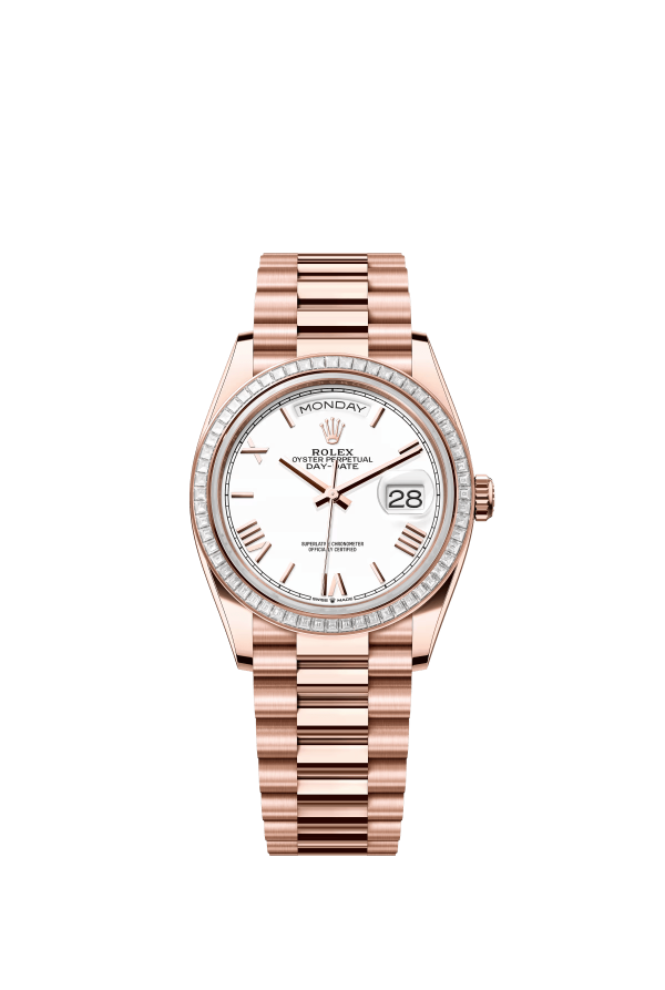 The Oyster Perpetual Day-Date 36 in 18-carat Everose gold with a white dial, diamond-set bezel and President bracelet. -m128395tbr-0022