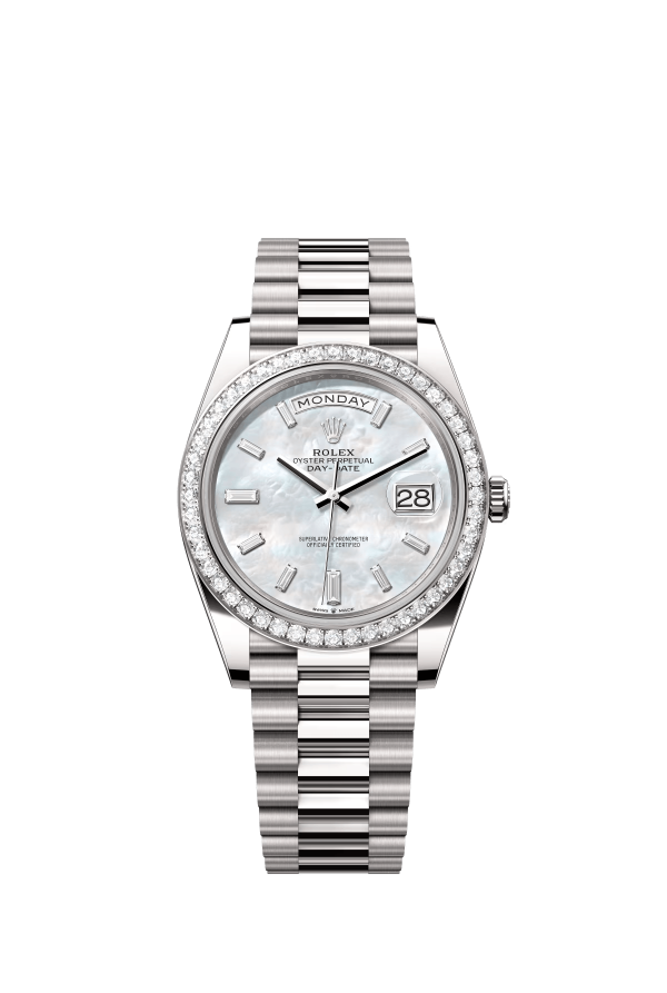 The Oyster Perpetual Day-Date 40 is in 18 ct white gold with a diamond-set white mother-of-pearl dial, diamond-set bezel and a President bracelet. -m228349rbr-0046