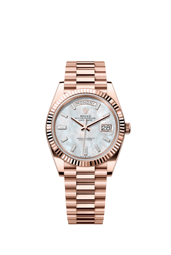 The Oyster Perpetual Day-Date 40 in 18 ct Everose gold features a diamond-set white mother-of-pearl dial, fluted bezel and President bracelet. -m228235-0056