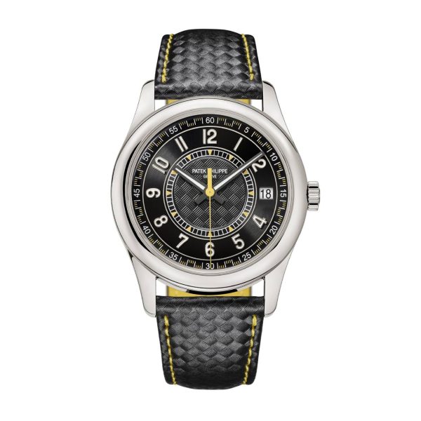 Patek Philippe Calatrava Date Sweep Seconds 40 mm | Calfskin "Carbon" motif strap Bracelet | Ebony black dial | 18k white gold Case Men's Watch 6007G-001