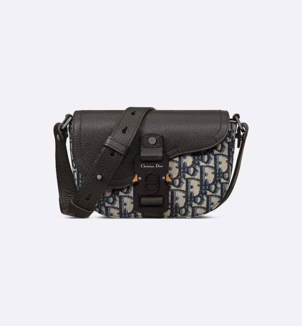 DIOR Mini Saddle Messenger Bag with Flap Beige and Black Oblique Jacquard with Black Grained Calfskin