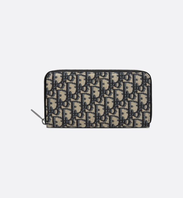 DIOR Zipped Long Wallet Beige and Black Oblique Jacquard