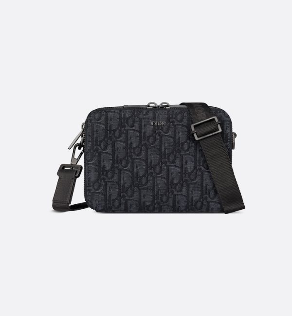 DIOR Zipped Pouch with Strap Black Oblique Jacquard
