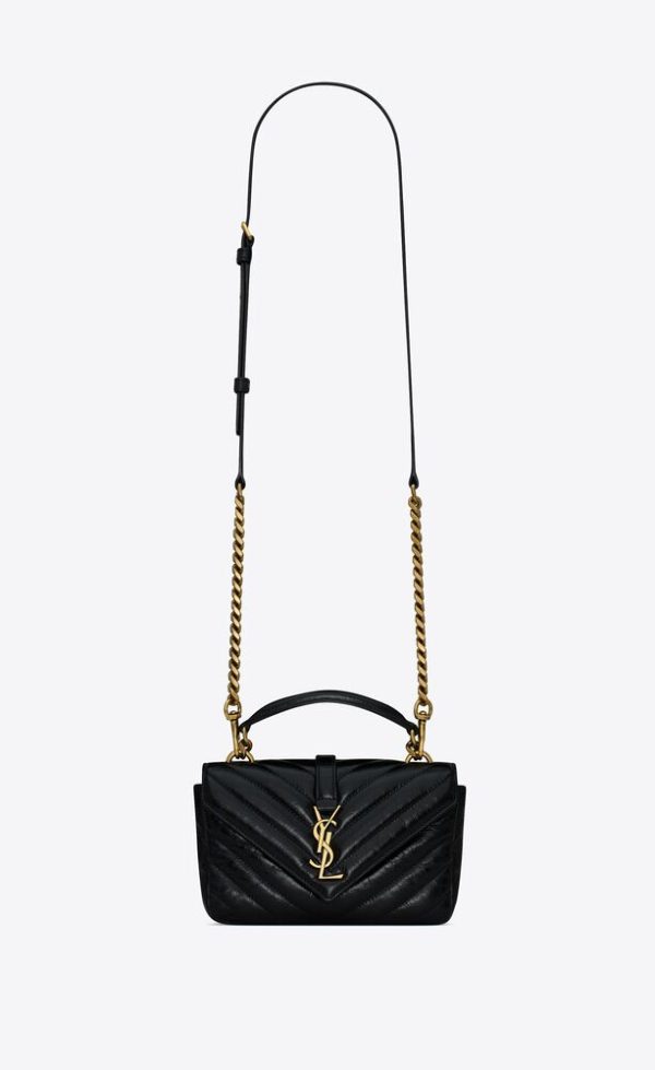 SAINT LAURENT COLLEGE MINI CHAIN BAG IN SHINY CRACKLED LEATHER