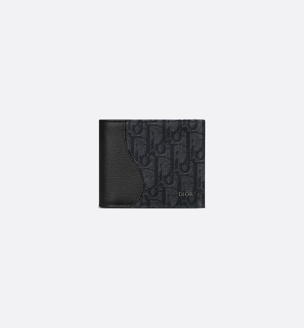 DIOR Saddle Bifold Wallet Black Grained Calfskin Marquetry and Black Oblique Jacquard
