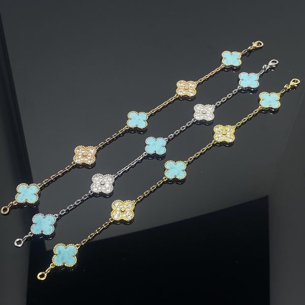Van Cleef & Arpels CLOVER 5 MOTIF TURQUOISE DIAMOND GOLD BRACELET - Image 3