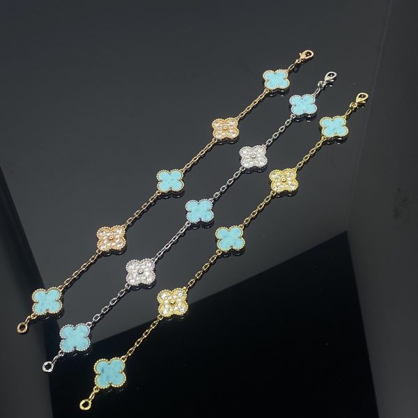 Van Cleef & Arpels CLOVER 5 MOTIF TURQUOISE DIAMOND GOLD BRACELET