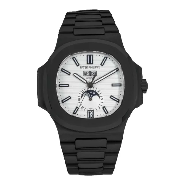 Black Patek Philippe DLC-PVD Nautilus Annual Calendar 40.5 mm | Black Pvd/Dlc Stainless Steel bracelet | Silvery white dial | Men's Watch 5726/1A-010-pvd-2