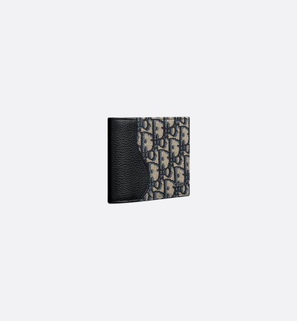 DIOR Saddle Bifold Wallet Black Grained Calfskin Marquetry with Beige and Black Oblique Jacquard